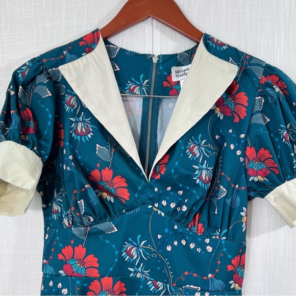 Unique Vintage Teal & Red Floral Chain Print Retro Swing Dress Size M - Picture 9 of 16